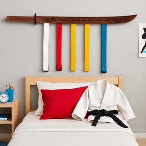 Martial arts belt rack wood, Karate belt display for kids, Taekwondo belt holder wall mount, Belt organizer personalized gift