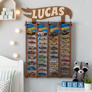 Wooden car display shelf for kids, Matchbox car organizer wall mount, Diecast toy storage rack with custom name, Car holder gift