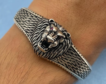 925 Sterling Silver Lion Head Bracelet - Adjustable Men's Cuff Adjustable - Animal Jewelry