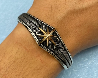 925 Sterling Silver Compass Cuff Bracelet - Handmade Sailor Jewelry - Gift for Men