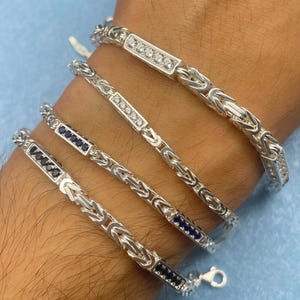 925 Sterling Silver White Byzantine Chain Bracelet, Chain with Stone, Solid Chain Bracelet, Elegant Women Bracelet, Handmade Gift for Men