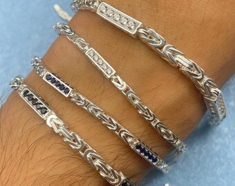 925 Sterling Silver White Square Byzantine Chain Bracelet, Chain With Stone, Elegant Gift Women