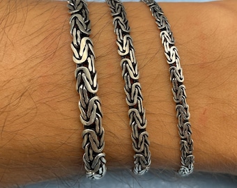 925 Sterling Silver Flat Byzantine Chain - Oxidized Necklace - Men Everyday Bracelet - Gift for Women