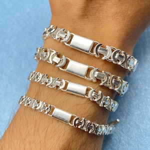 925 Sterling Silver Chain Bracelet, Flat Euro Byzantine Chain Bracelet, Gift for Birthday, Handmade Solid Chain, Chunky Men&#39;s Chain Bracelet