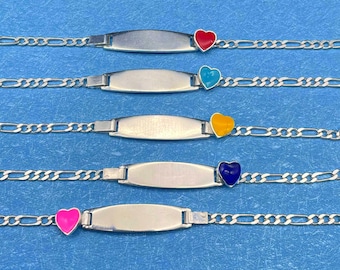 Personalized 925 Sterling Silver Baby ID Bracelet, Figaro Chain with Heart Charm, Custom Engraved Infant Name Bracelet, Newborn Toddler Gift