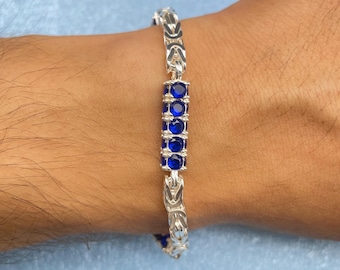 925 Sterling Silver Square White Byzantine Italian Chain Bracelet Blue Stones - Elegant Gift Women
