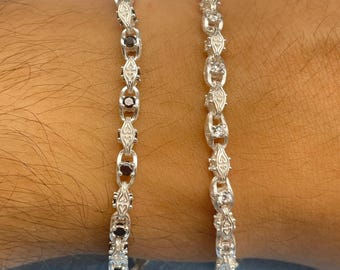 925 Sterling Silver Mariner Link Bracelet - Black and White Stone Women Elegant Chain Necklace