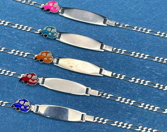 Personalized 925 Sterling Silver Baby ID Bracelet – Figaro Chain with Car Charm, Custom Engraved Infant Bracelet, Newborn Gift, Toddler Gift