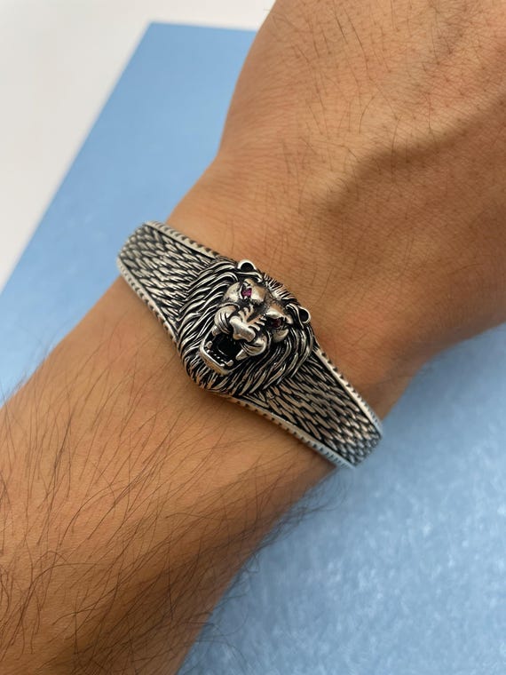 925 Sterling Silver Lion Head Bracelet - Adjustable Men's Cuff