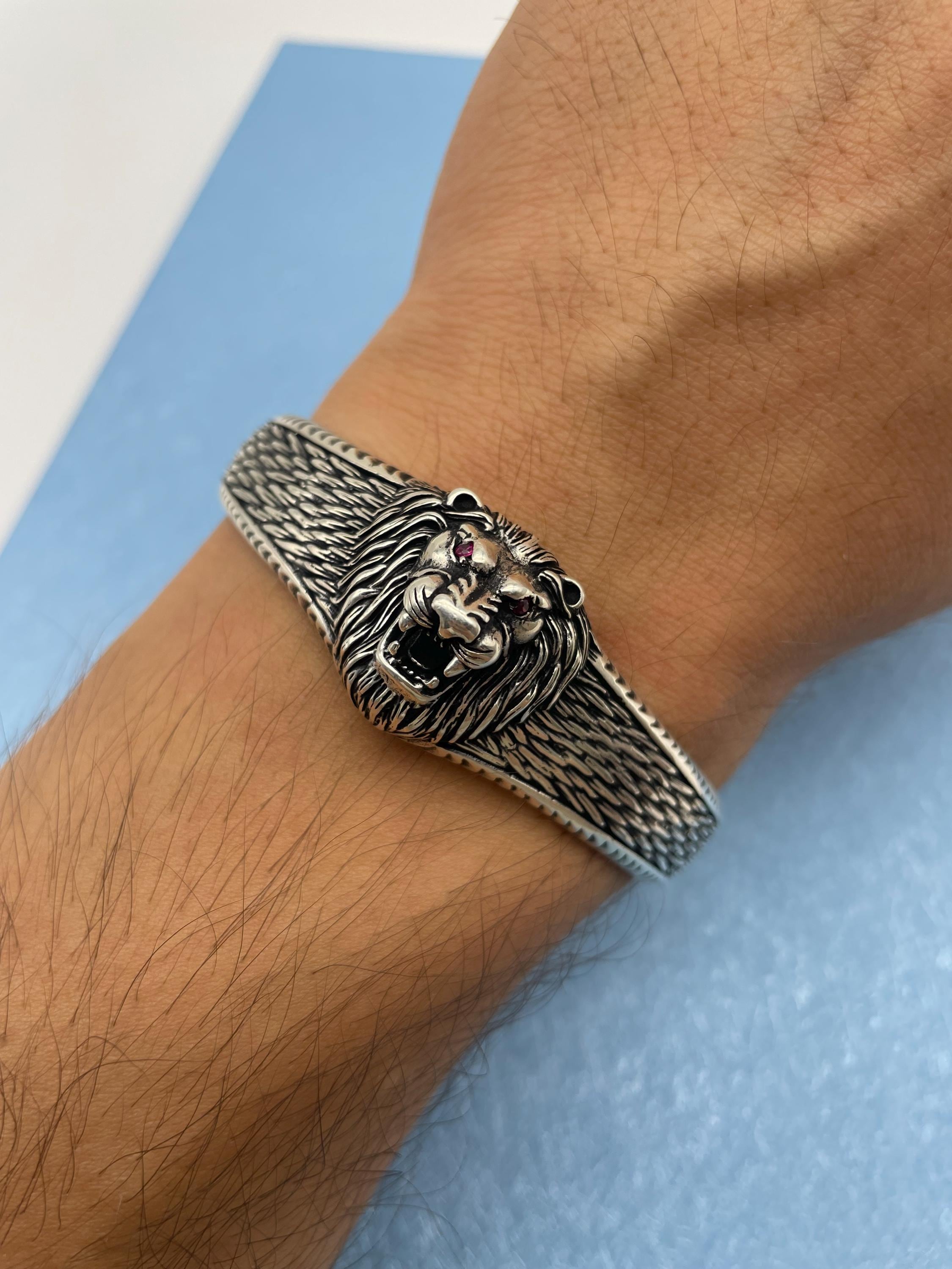 925 Sterling Silver Lion Head Bracelet - Adjustable Men's Cuff