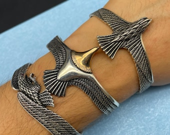 925 Sterling Silver Eagle Wings Cuff Bracelet - Animal Real Silver Jewelry - Adjustable Gift Men