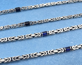 925 Sterling Silver Oxidized Sqaure Byzantine Chain Necklace - Bali King Chain - Blue Black Stone