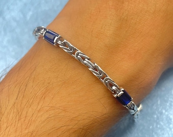 925 Sterling Silver Oxidized Square Byzantine Bracelet - Bali King Necklace with Blue Stone
