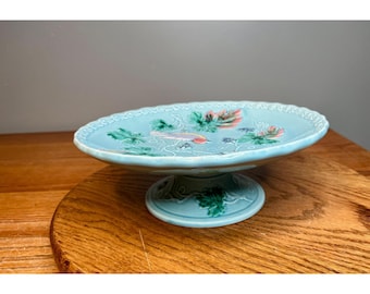 Antique West German Highmount Majolica # 230 Birds Grapes Pedestal Bowl Cake Plate