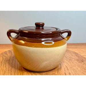 May include: A two-handled ceramic pot with a lid, featuring a two-tone design with a dark brown upper section and a light beige lower section. The pot has a rounded body, a matching brown lid with a central knob, and two curved side handles.