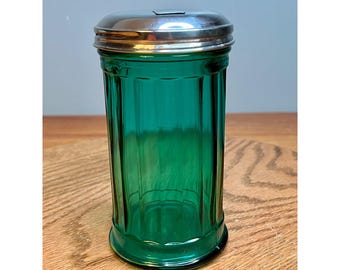 Vintage Ribbed Green Glass Sugar Dispenser, Retro kitchenware