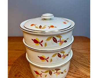 Vintage Hall China AUTUMN LEAF Jewel Tea 3 Tier &quot;Stackette&quot; with Lid