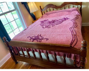 Vintage Pink Chenille Bedspread – Purple Floral Cotton Fabric (Full/Queen Size)