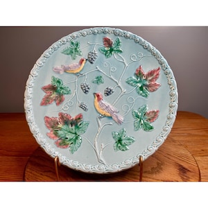 Antique MAJOLICA German 11.25"  Turquoise Plate Bird & Berry Pattern Black Forest