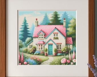 Patrón de punto de cruz de cabaña con techo rosa: Paisaje de jardín de verano (Patrón PDF)