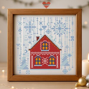 Folk Red House Xmas Pattern PDF: Winter Cottage with Snowflakes Cross Stitch for Beginner