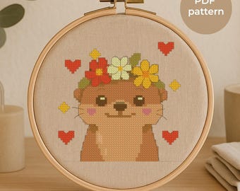 Cartoon Otter Cross Stitch Pattern, Floral Embroidery (Digital Download)