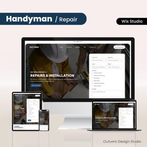 May include: A website design for a handyman and repair service, displayed on multiple devices. The design includes the text "REPAIRS & INSTALLATION" and a customer inquiry form. The image also shows the text "Handyman / Repair".