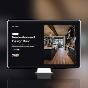 Puede incluir: Un monitor de computadora que muestra un sitio web para OUTUMN con el texto Renovation and Design Build. El sitio incluye un menú de navegación, un botón Let's Talk, una calificación de 4.9 estrellas y una foto de una cocina con gabinetes oscuros.