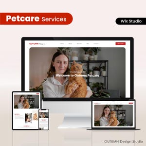 Puede incluir: Un diseño web para Autumn Petcare se muestra en una computadora de escritorio, tableta, teléfono inteligente y computadora portátil. El sitio web presenta a una mujer sosteniendo un gato jengibre. Los textos "Petcare Services" y "Welcome to Autumn Petcare" son visibles.