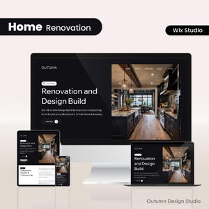 May include: A digital display showcasing a website design for home renovation services. The website features a dark theme with images of kitchen and bathroom remodels. The text includes "Home Renovation" and "Renovation and Design Build."