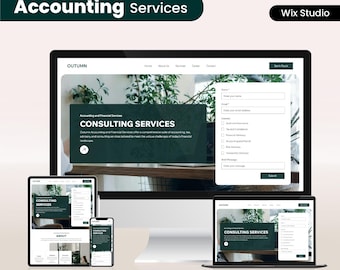 May include: A computer monitor, tablet, smartphone, and laptop displaying a website design for "Accounting Services." The website features a dark green banner with the text "Consulting Services." The image also includes the text "Autumn Design Studio."