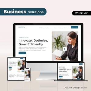 May include: A digital marketing and business solutions concept. The image shows a computer monitor, tablet, smartphone, and laptop displaying a website with the text "Innovate, Optimize, Grow Efficiently." The image also includes the text "Business Solutions" and "Wix Studio."
