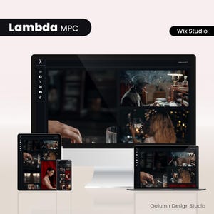 May include: A digital design showcasing a website on a desktop computer, tablet, smartphone, and laptop. The desktop displays a scene of a person smoking a cigarette. The image includes the text "Lambda MPC", "Wix Studio", and "Autumn Design Studio".
