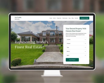 Op de afbeelding: Een computermonitor met de website van Outumn Real Estate. De homepage toont een groot bakstenen huis, een groen gazon en een zoekformulier met velden voor locatie, doel, type, kamers en badkamers, plus een groene zoekknop voor woningen.