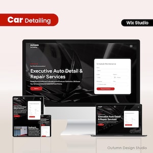 May include: A website design for "Executive Auto Detail & Repair Services" is displayed on a desktop computer, tablet, phone, and laptop. The website features a form to schedule maintenance and the text "Car Detailing". The design is by Outumn Design Studio.