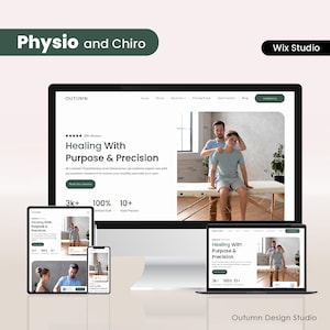 May include: A digital mockup showcasing a website design for a physiotherapy and chiropractic clinic. The design is displayed on a desktop computer, a tablet, a smartphone, and a laptop. The website's theme is centered around healing and precision, with the text "Healing With Purpose & Precision."