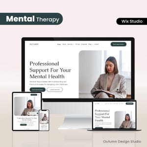 Peut inclure: Présentation d'une conception de site web pour "Soutien professionnel pour votre santé mentale" sur ordinateur, tablette, smartphone et ordinateur portable. La conception présente une femme lisant, avec le texte "Mental Therapy" et "Outumn Design Studio".