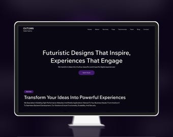 Può includere: Un monitor di computer che mostra il sito web a tema scuro di Outumn Digital Agency. Lo schermo presenta testo bianco che recita Futuristic Designs That Inspire, Experiences That Engage, un pulsante Get In Touch e una sezione dedicata.
