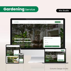 May include: A website design for a gardening service, displayed on a desktop computer, tablet, smartphone, and laptop. The website features the text "Greener Lawns, Happier Homes!" and a form to book services. The design is by Autumn Design Studio.