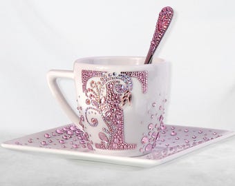 Personalized Crystal Monogram Coffee Set: Elegant Rhinestone Cup & Saucer