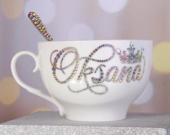 Lyxig personlig porslinsmugg med strass och sked och presentask med eget namn, hållbar porslinsmugg, blingkristallkrona, årsdag, födelsedag