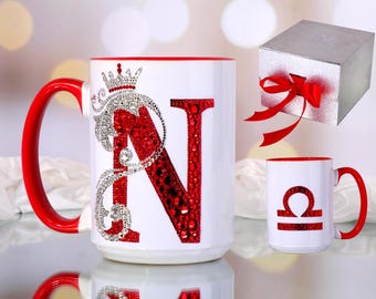 Personalized Crystal Mug with Initial, 14 oz Luxury Rhinestone Coffee Cup, Optional Zodiac Design, Gift Packaging Included
