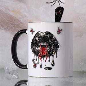 Crystal Spider Mug, Gothic Black Lips Coffee Cup with Spoon, Halloween Gift Box