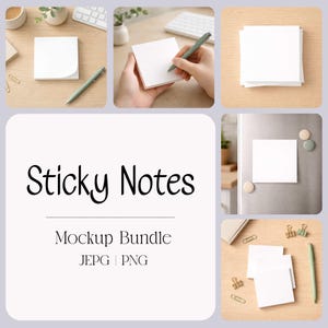 May include: A mockup bundle featuring white sticky notes in various settings. The image includes a stack of notes, a single note with a pen, and notes attached to a refrigerator. The text "Sticky Notes" and "Mockup Bundle" are also displayed.
