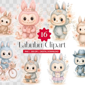 Aquarell Labubu Clipart Set, Süße Labubu Figuren, Florale Fantasy Kreaturen, Weiche Pastell Labubu Illustrationen, Neutrale Töne, PNG