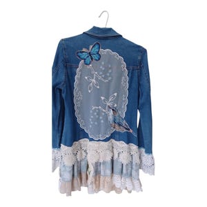 Artisan Denim Jacket - Boho Chic Upcycled with Doilies & Fabric Flowers