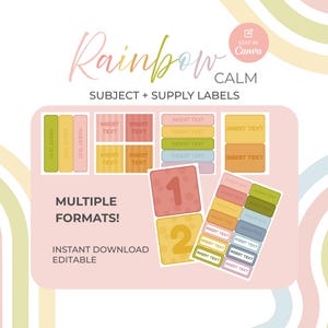 Calm Muted Rainbow Subject + Supply Labels | Editable Classroom Decor | Rainbow Classroom Decor | Kids Poster Printable