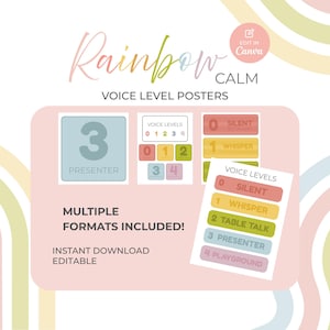 Calm Muted Rainbow Voice Level Posters | Editable Wall Decor | Rainbow Classroom Decor | Kids Voice Poster Printable