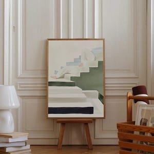 Minimalistischer Treppen-Kunstdruck – Grüne & blaue, moderne Illustration, modernes Wanddekor, ruhiges Schlafzimmer, minimalistisches Wandbild in der Galerie