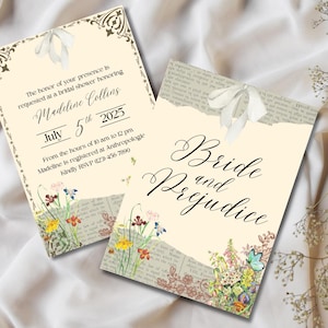Puede incluir: Dos tarjetas de invitación con ilustraciones florales y de mariposas. Una tarjeta dice "Bride and Prejudice" en una escritura elegante. La otra tarjeta tiene detalles del evento, incluida la fecha, 5 de julio de 2025, y el nombre Madeline Collins.